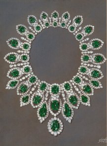 Tempera e acquarello di un collier di smeraldi e diamanti creato per Harry Winston nel 1984. (Archivio Harry Winston).